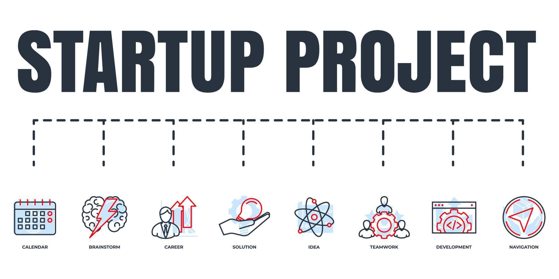 Startup project and development banner web icon set. solution, brainstorm, calendar, idea, development, teamwork, career, navigation vector illustration concept.