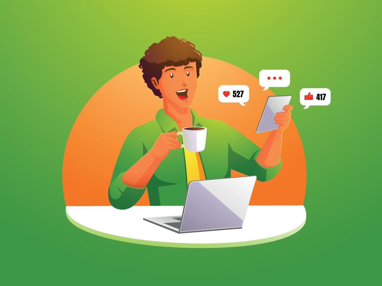 a man sitting at office desk drinking cup of coffee and looking at tablet checking social media vector