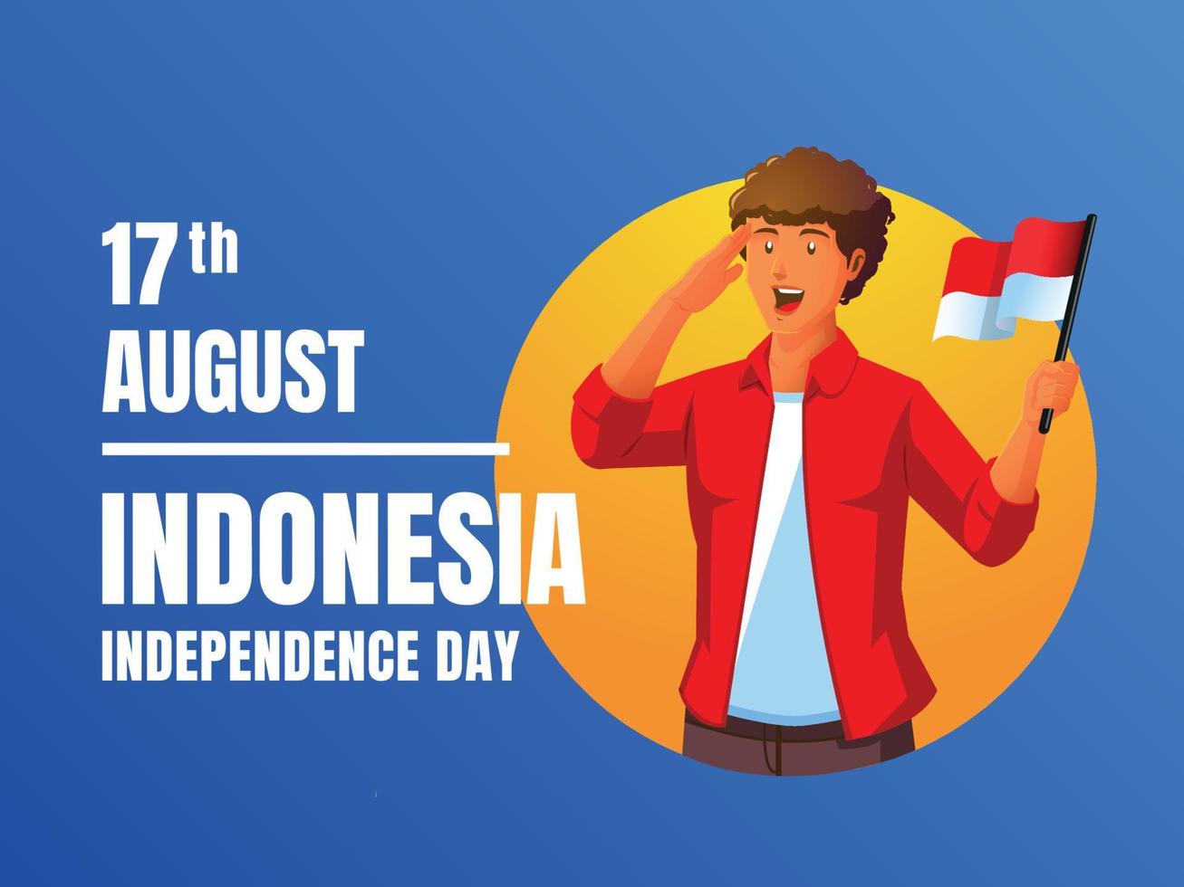 un hombre que sostiene una bandera de indonesia celebrando el día de la independencia de indonesia vector