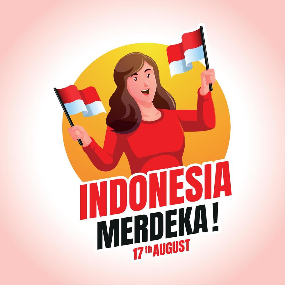 una mujer sosteniendo una bandera indonesia celebrando el día de la independencia de indonesia vector