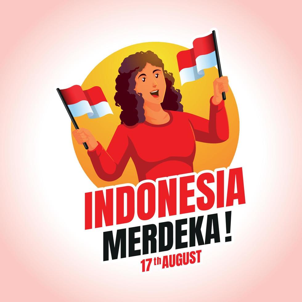 una mujer sosteniendo una bandera de indonesia celebrando el día de la independencia de indonesia vector