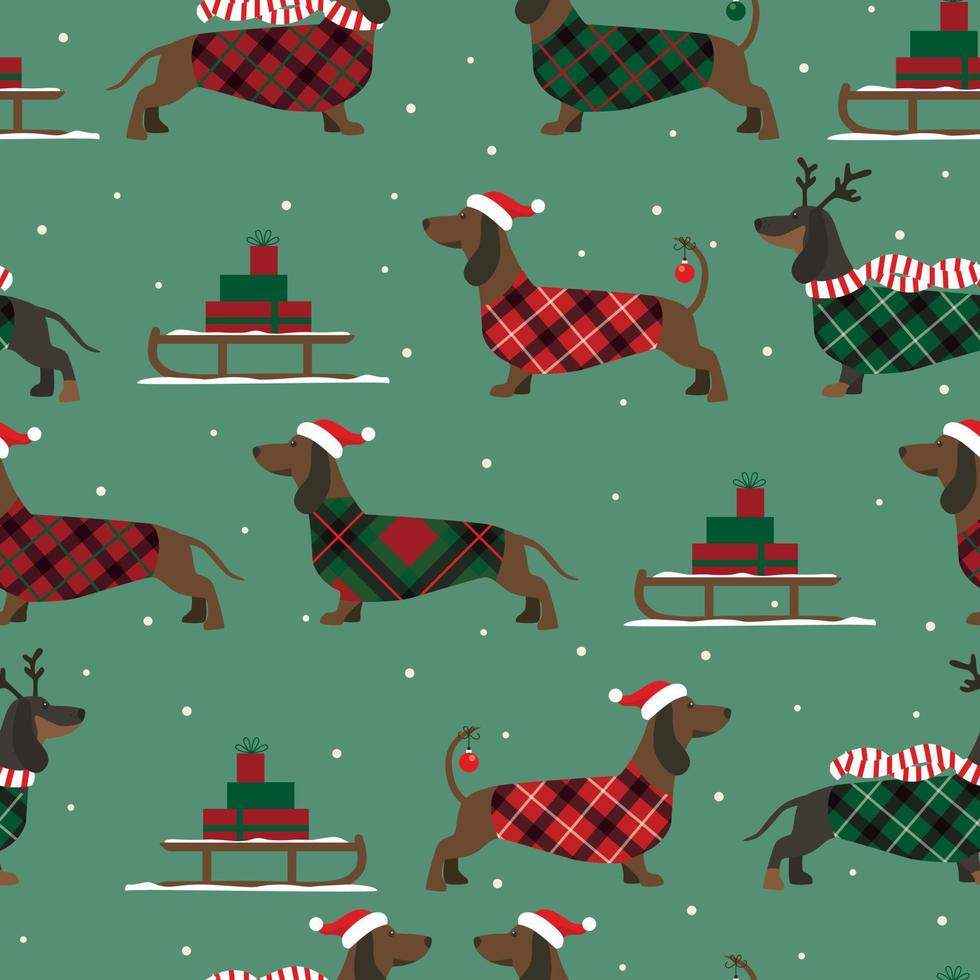 Christmas seamless pattern with snow and dachshunds in tartan clothes and red hat vector