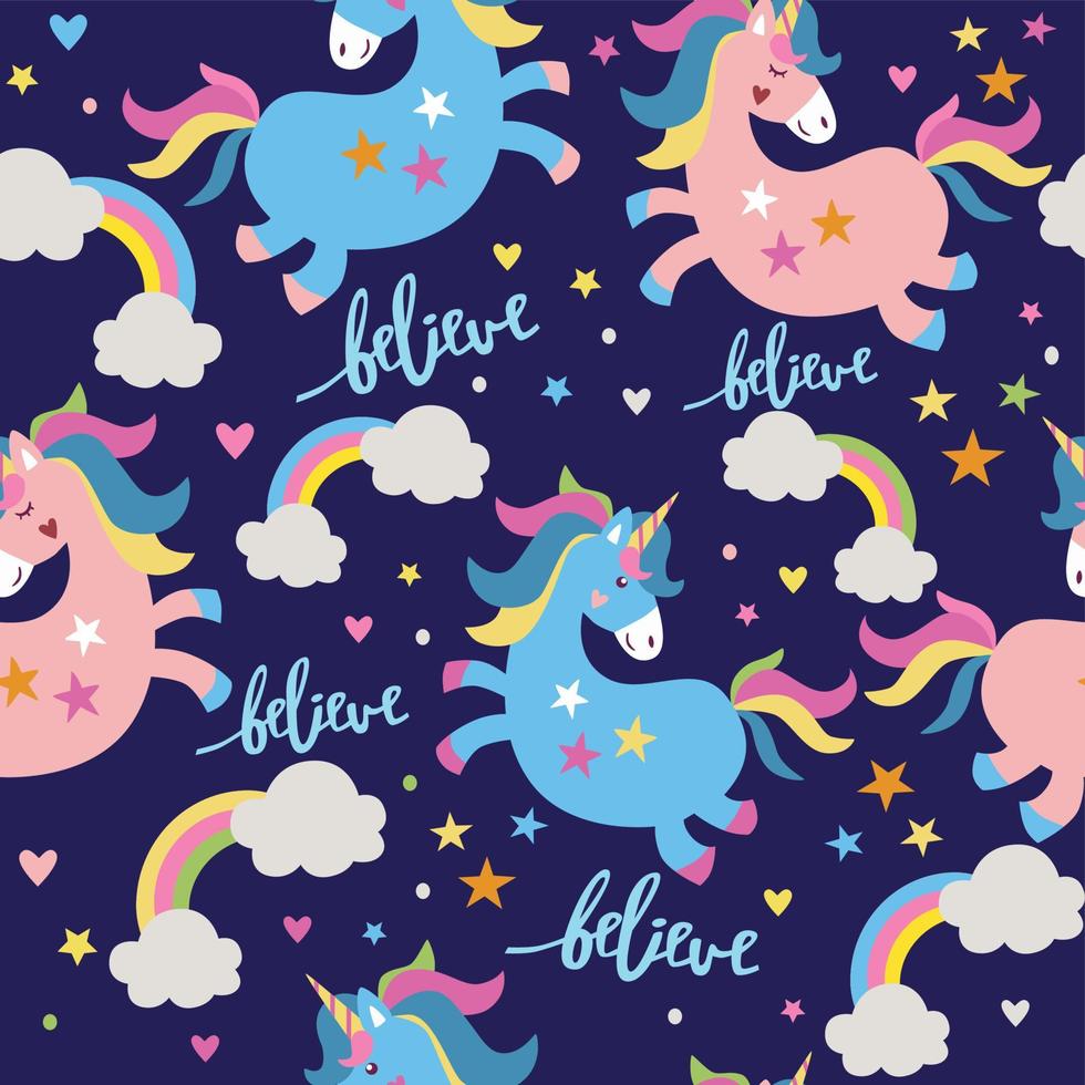 Seamless pattern with unicorns stars and rainbows vector