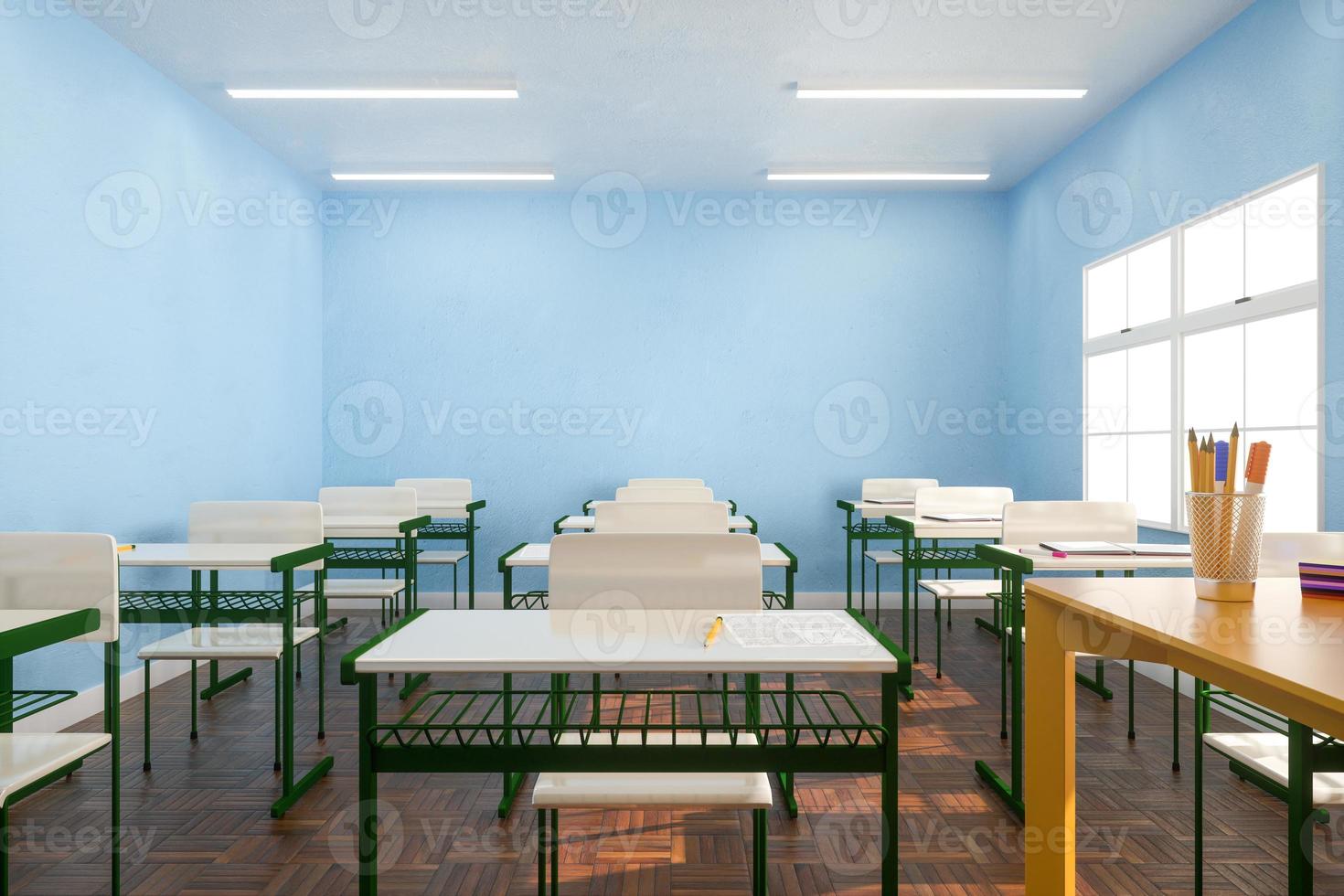 Desks and chairs near window in classroom. 3d render photo