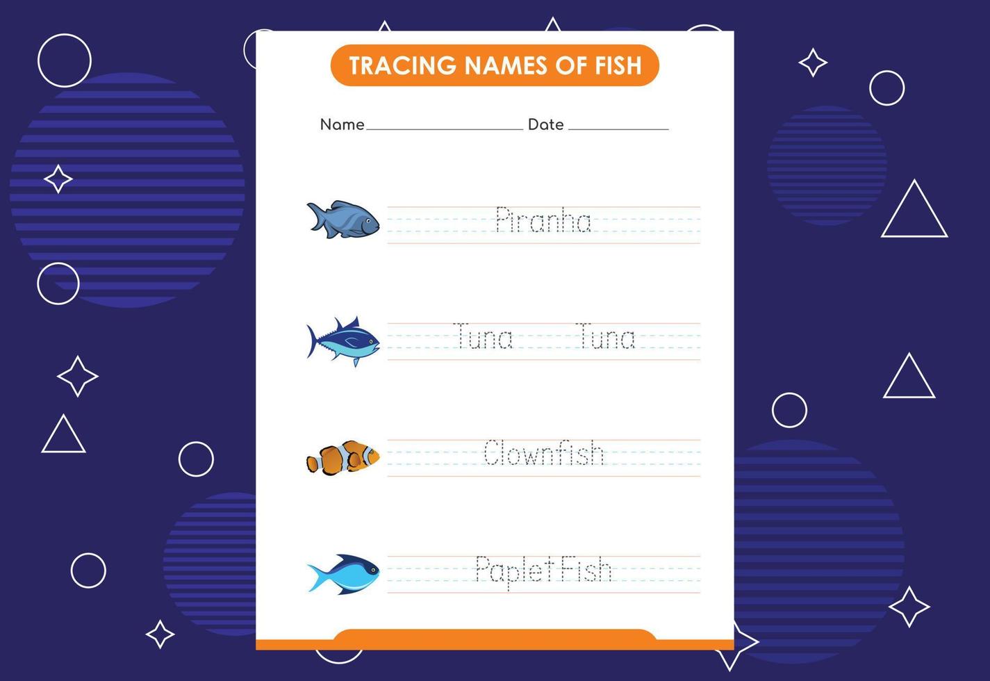 Trace the names of fish. Handwriting practice for preschool kids vector