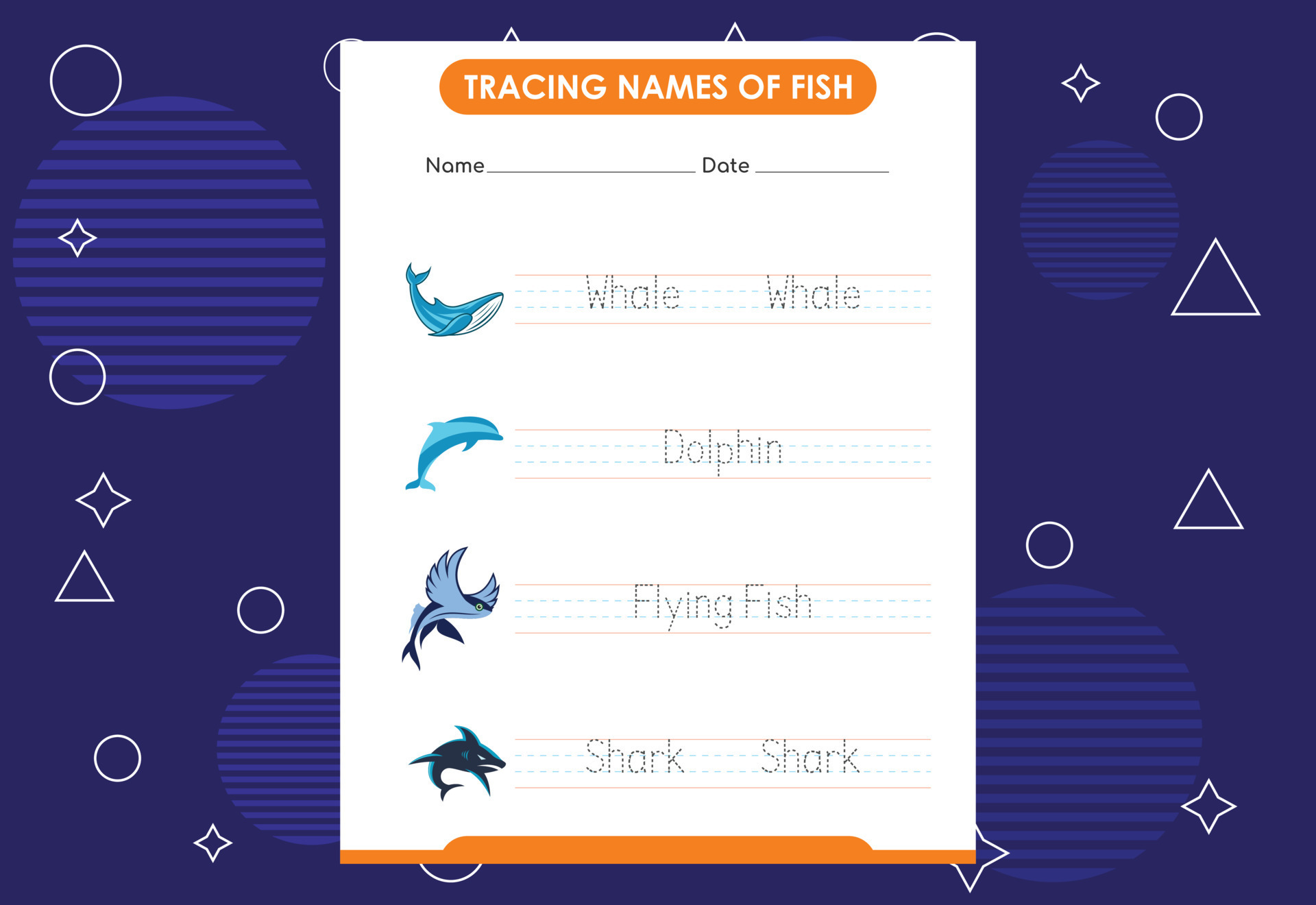 Trace the names of fish. Handwriting practice for preschool kids