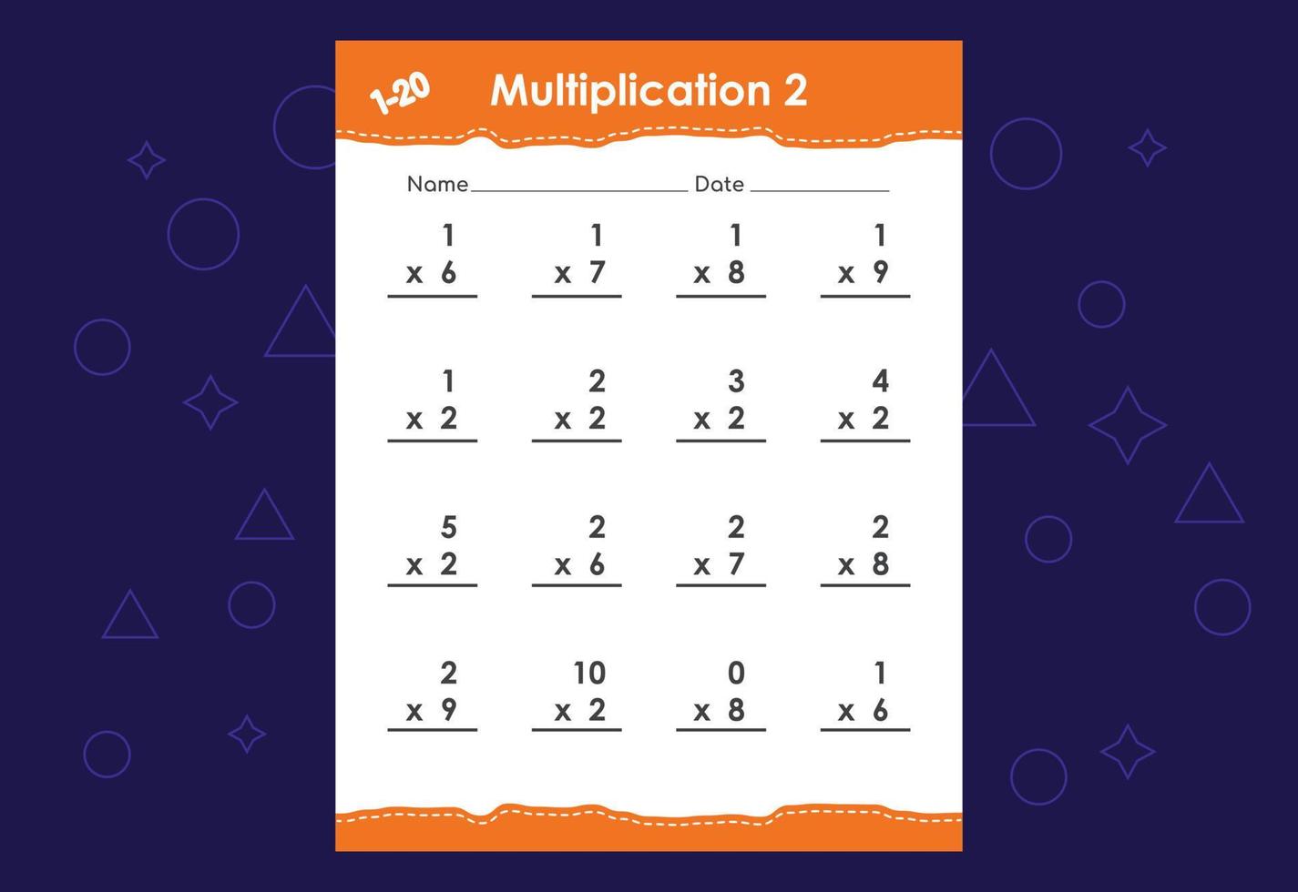 multiplicación matemática básica para niños. una hoja de trabajo educativa para niños. diseño vectorial vector