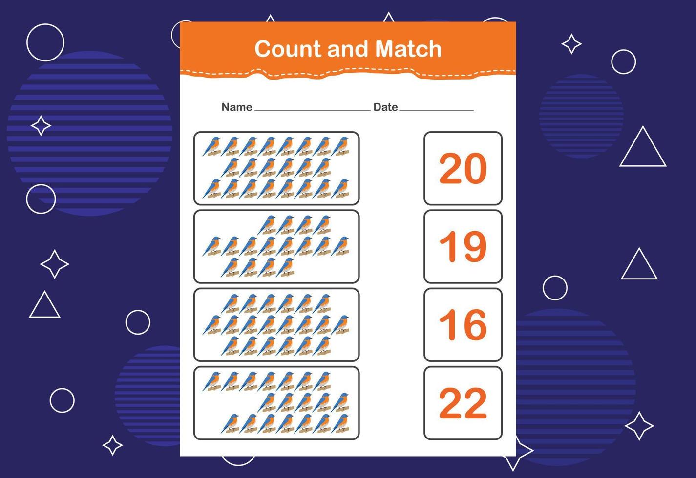 Count and match with the correct number. Count how many birds and choose the correct number vector