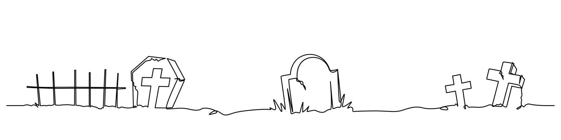 scary night cemetery in continuous line drawing style vector