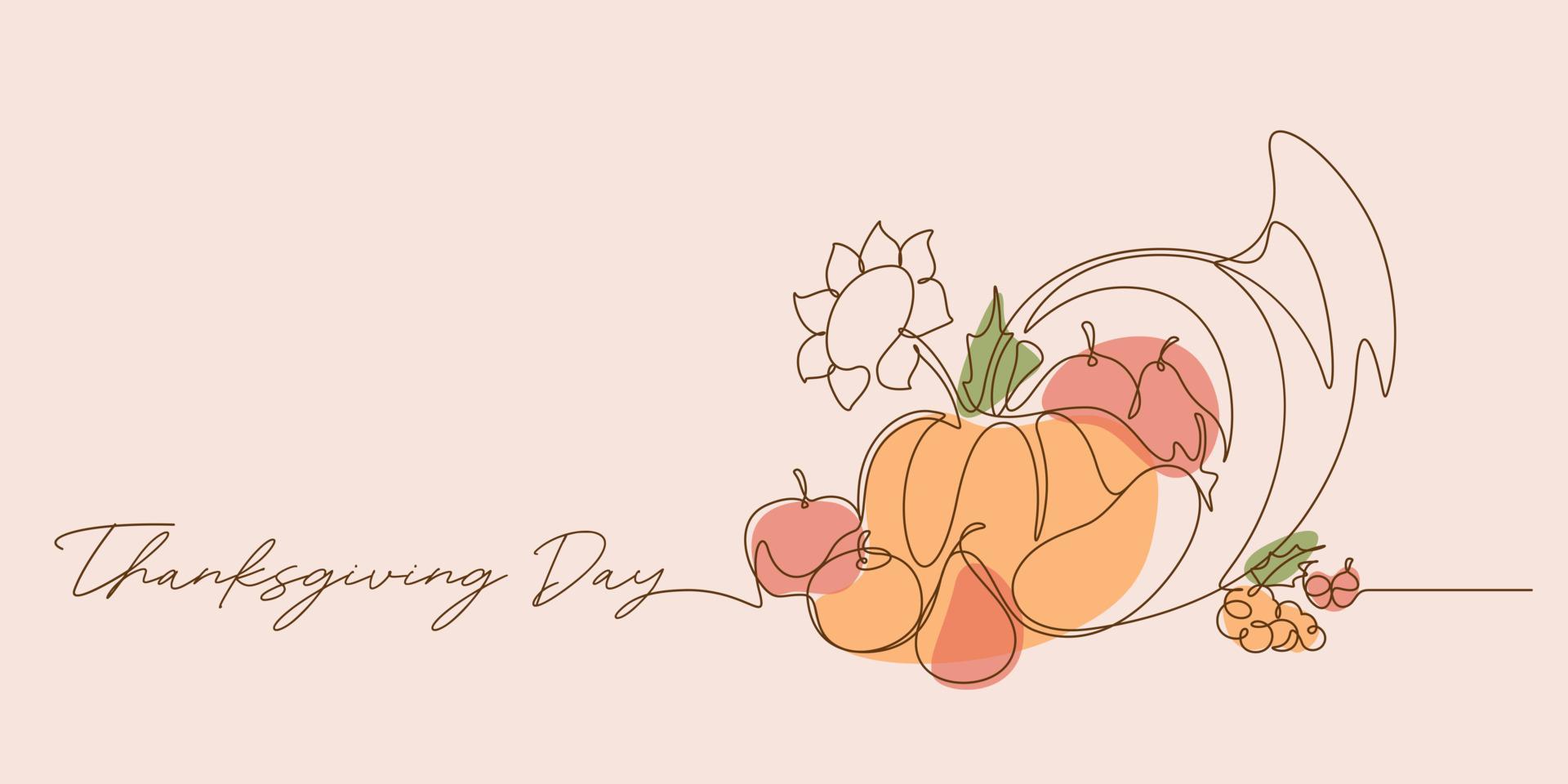 continuous line colored drawing style of cornucopia vector illustration.thanksgiving day