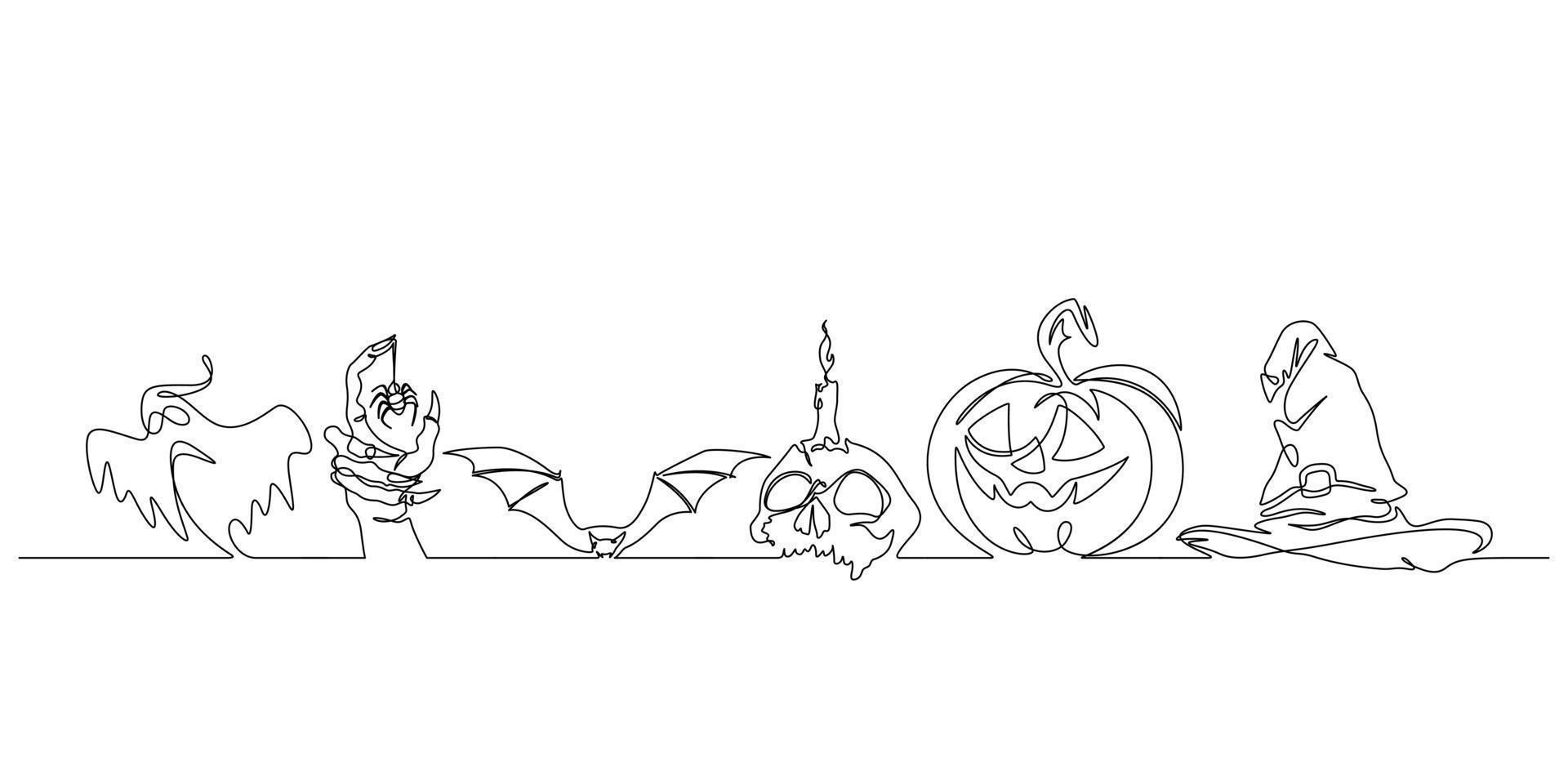 halloween elements decoration continuous line drawing vector