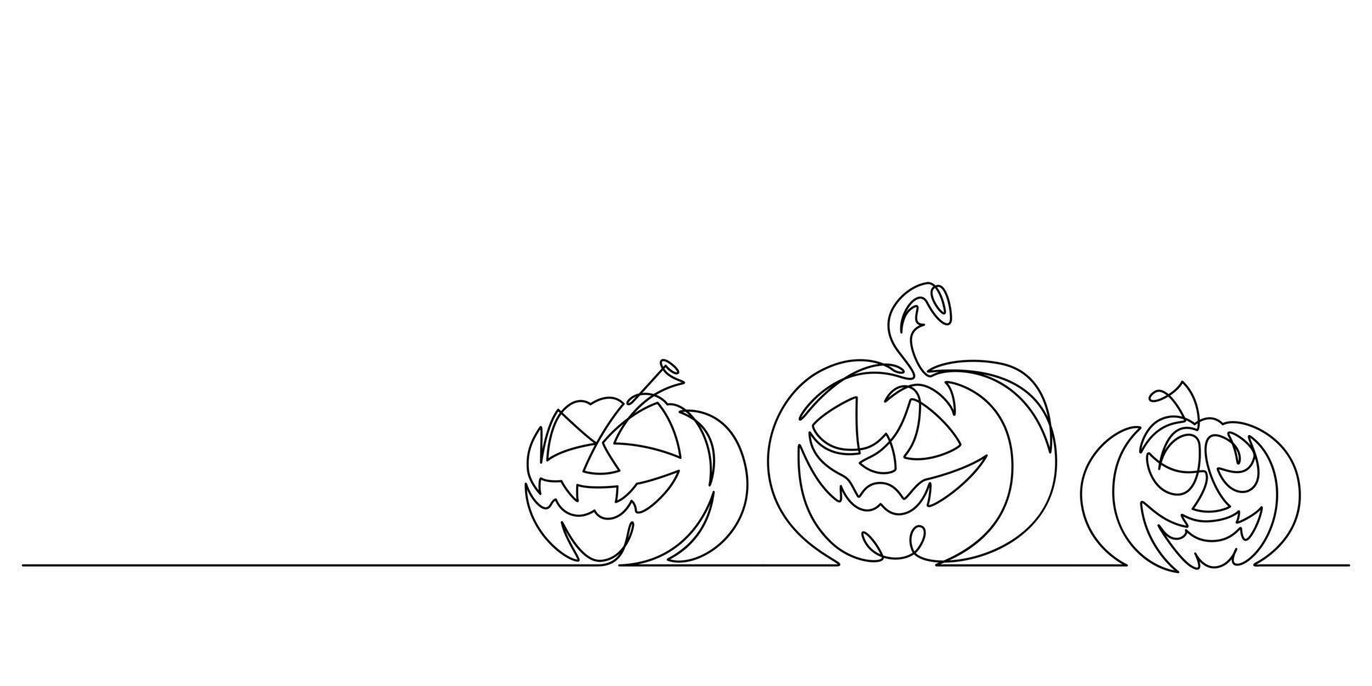 spooky jack o lantern halloween pumpkin set in continuous line drawing vector