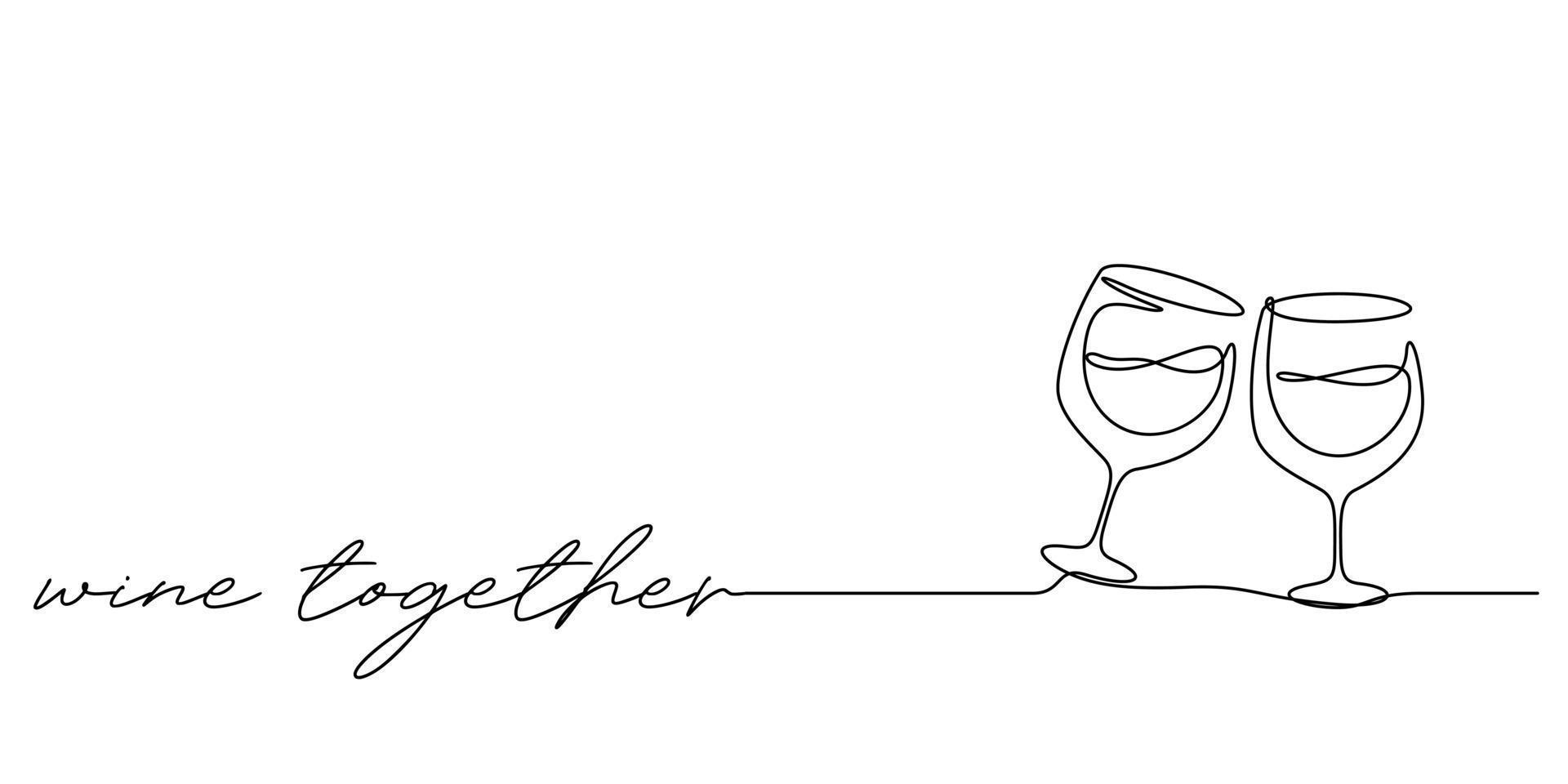 dibujo de línea continua de copas de vino saludos ilustración vectorial vector