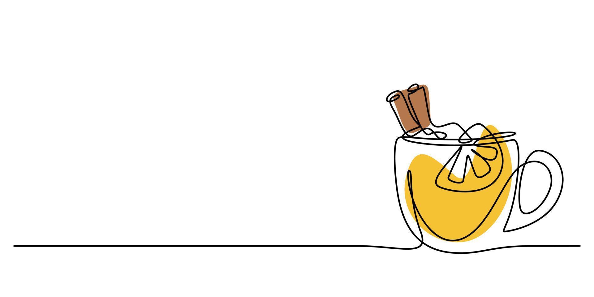 a cup of autumn hot drink with cinnamon in continuous line drawing vector illustration