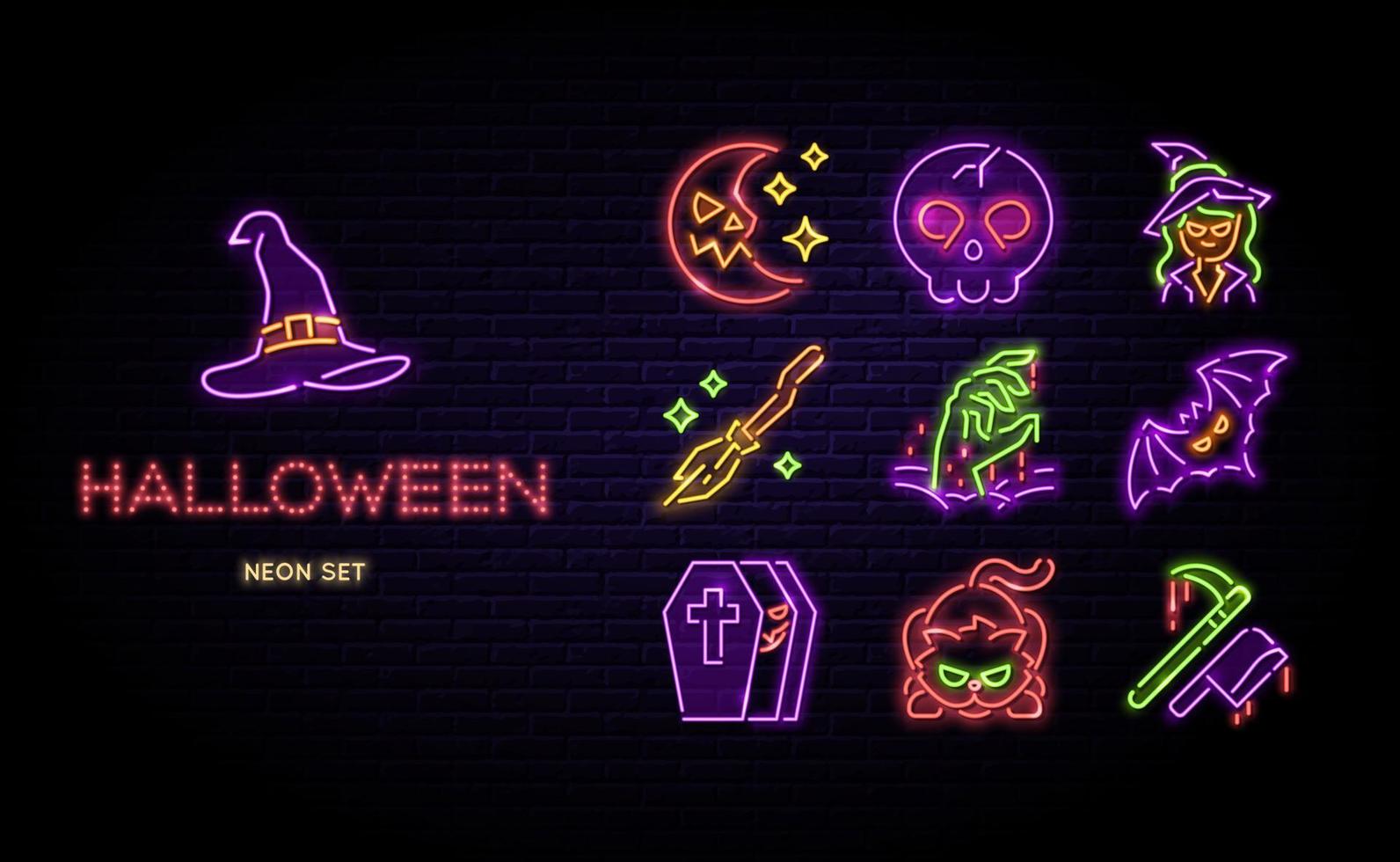Halloween neon icons vector set