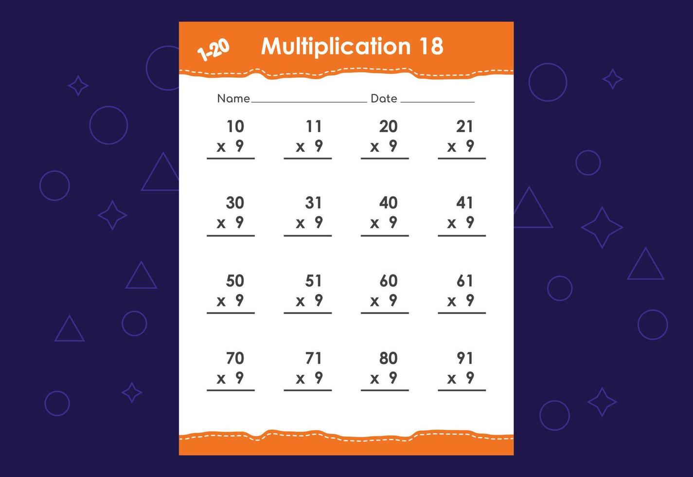 Basic math multiplication for kids. An educational worksheet for kids. Vector design