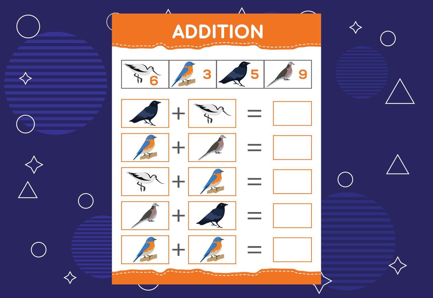 Addition with different birds for kids. An educational worksheet for kids. Vector design
