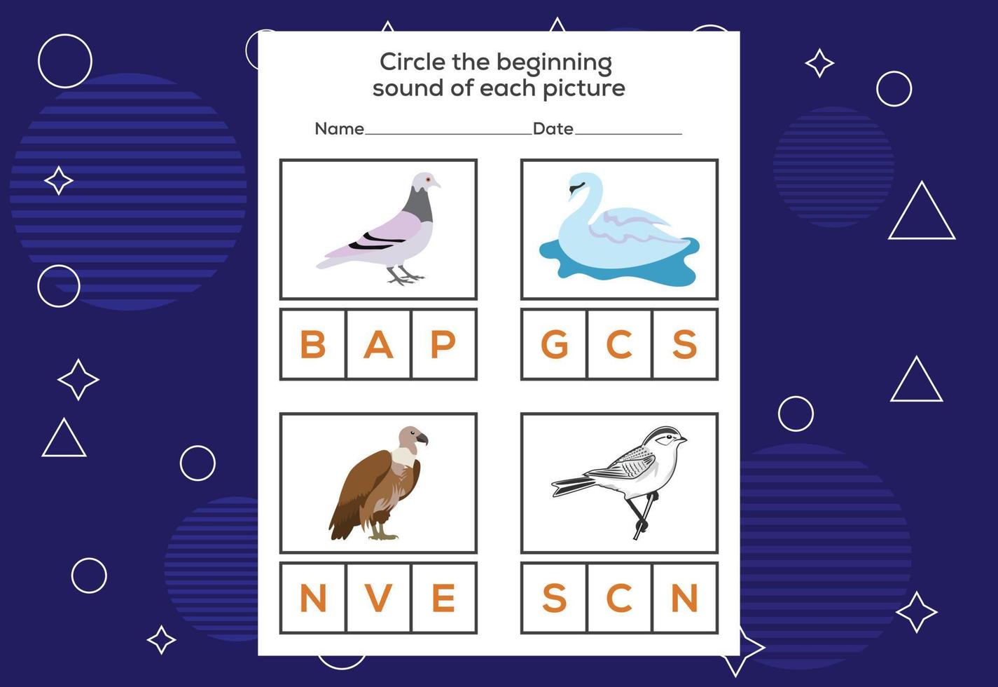 Encierra en un círculo el sonido inicial de cada ave. juego educativo para niños vector
