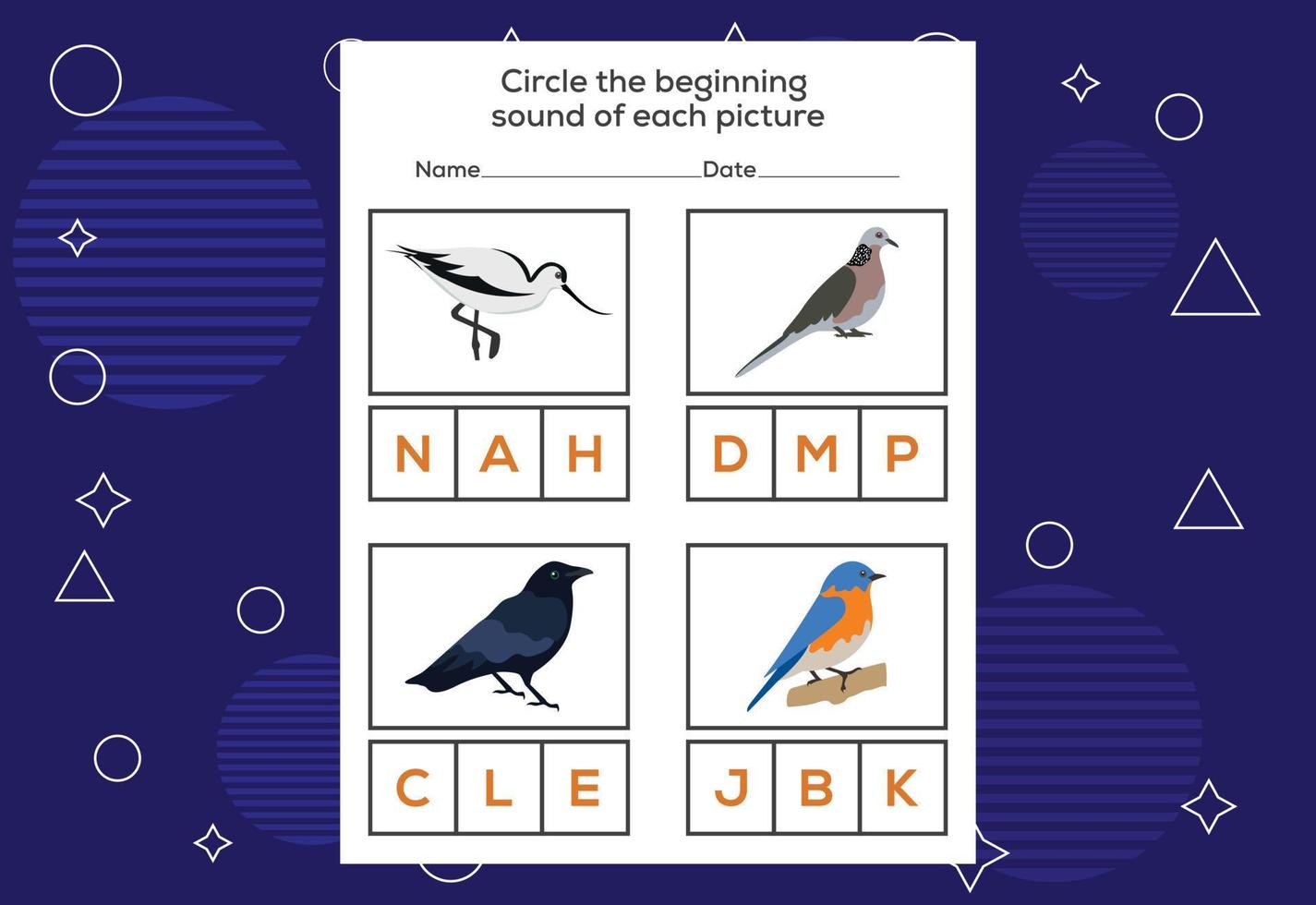 Circle the beginning sound of each bird. Educational game for kids vector