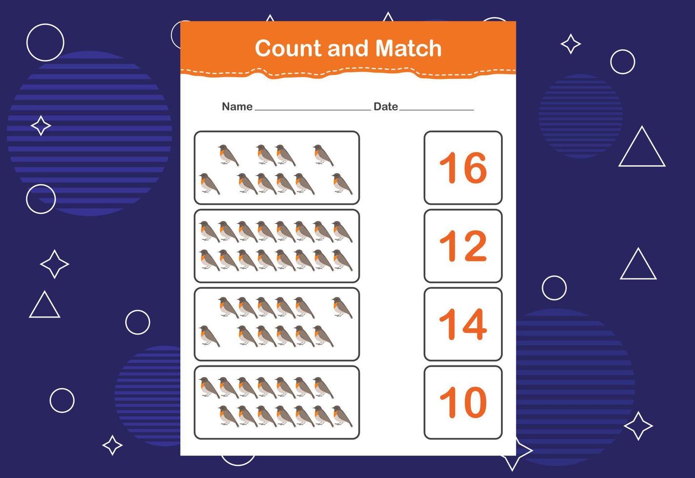 Count and match with the correct number. Count how many birds and choose the correct number vector