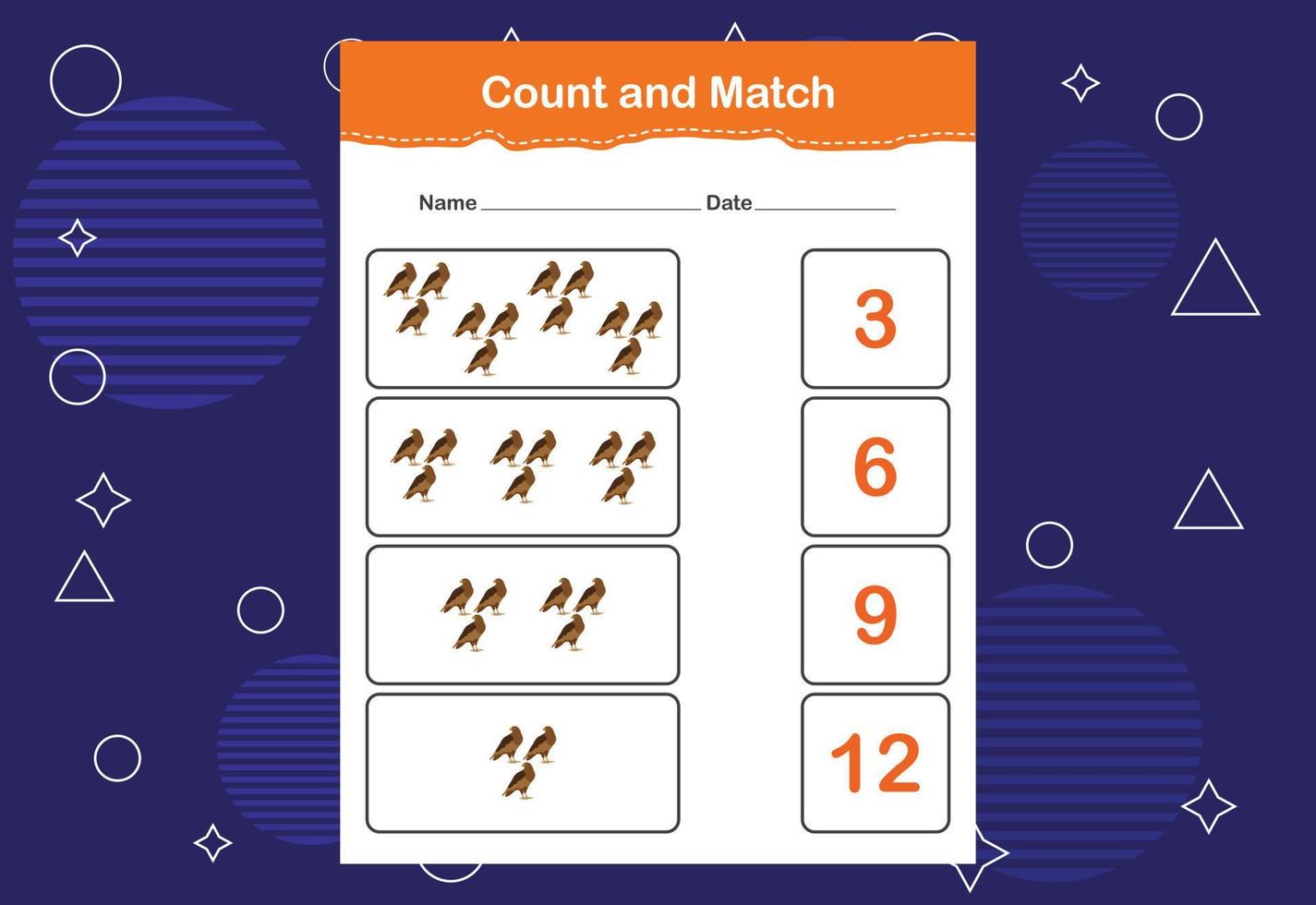 Count and match with the correct number. Count how many birds and choose the correct number vector