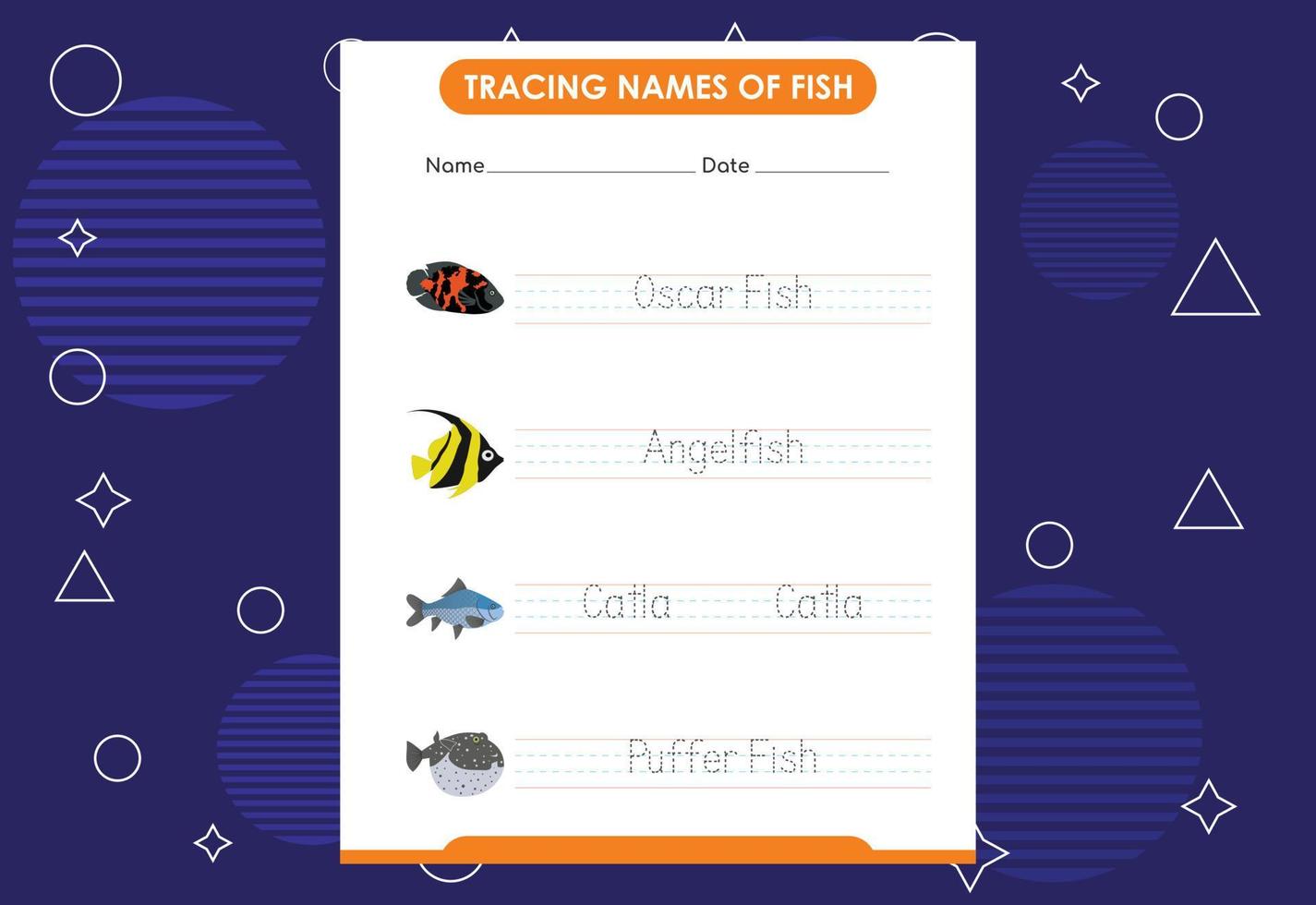 trazar los nombres de los peces. práctica de escritura a mano para niños en edad preescolar vector