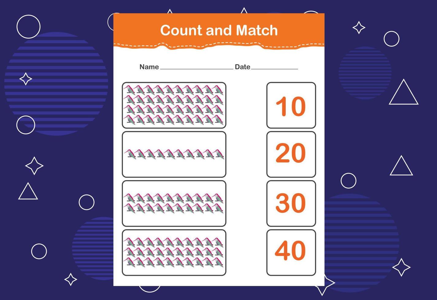 Count and match with the correct number. Count how many birds and choose the correct number vector