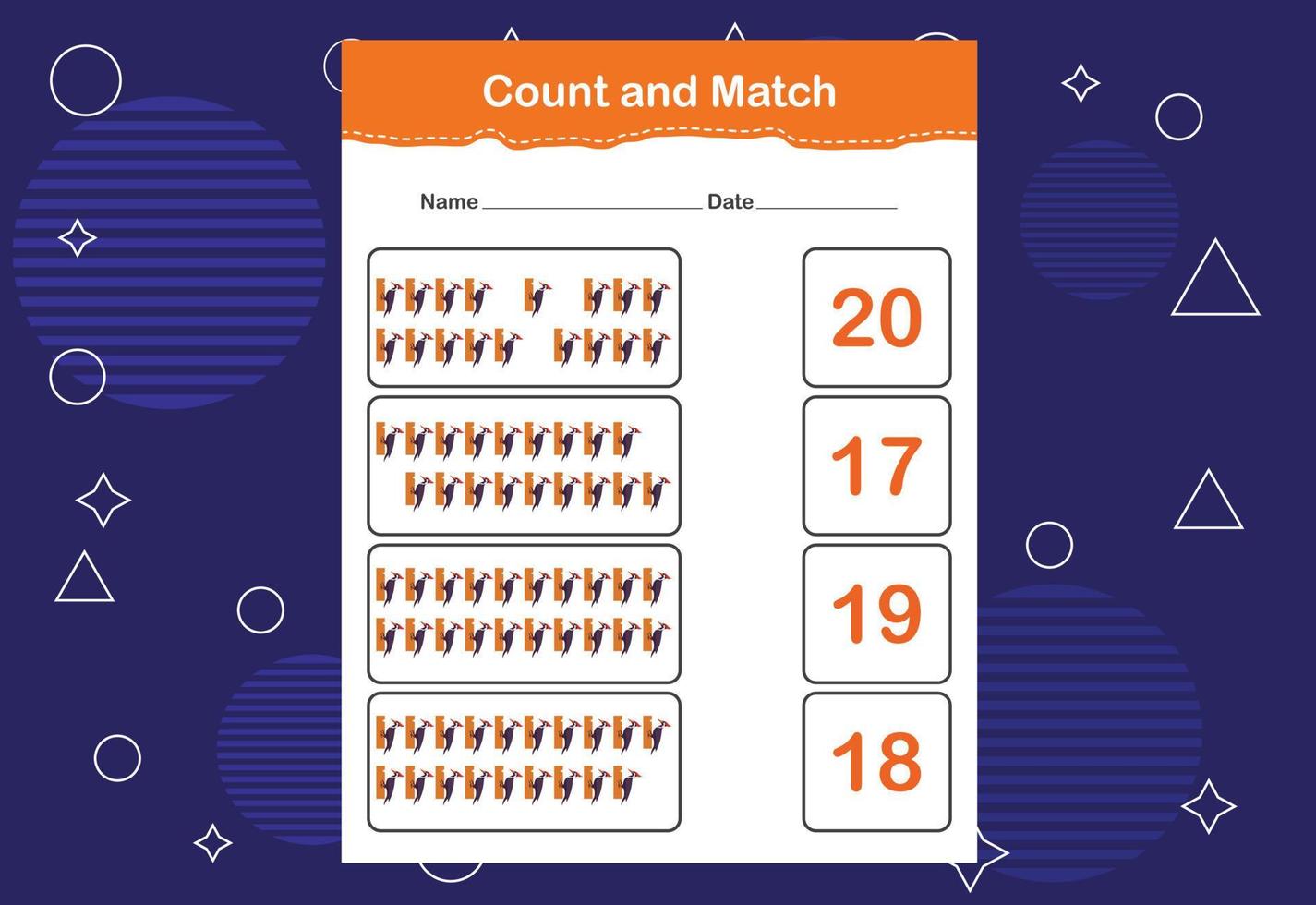 Count and match with the correct number. Count how many birds and choose the correct number vector