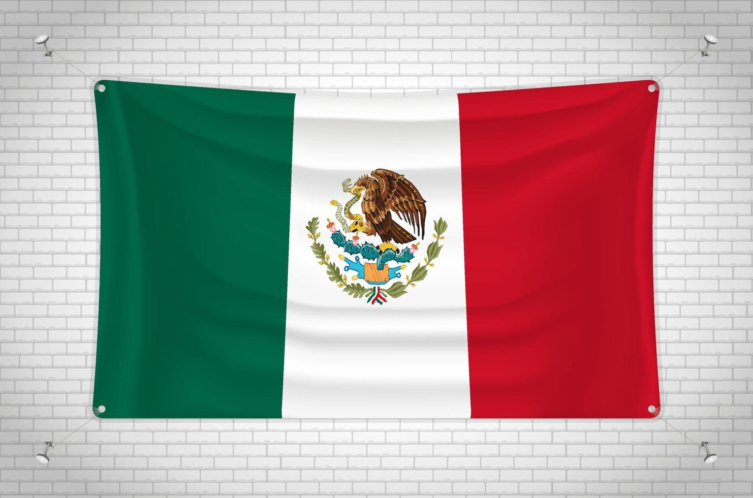 Mexico flag hanging on brick wall. 3D drawing. Flag attached to the wall. Neatly drawing in groups on separate layers for easy editing. vector