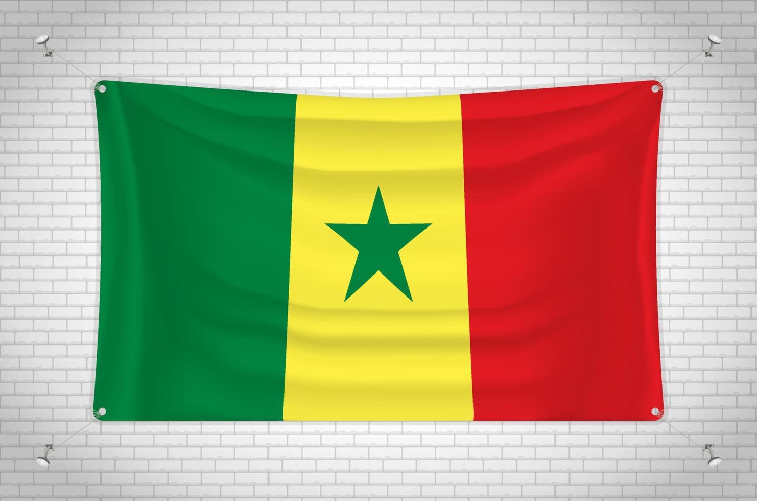 bandera de senegal colgada en la pared de ladrillo. dibujo 3d bandera pegada a la pared. dibujar cuidadosamente en grupos en capas separadas para facilitar la edición. vector