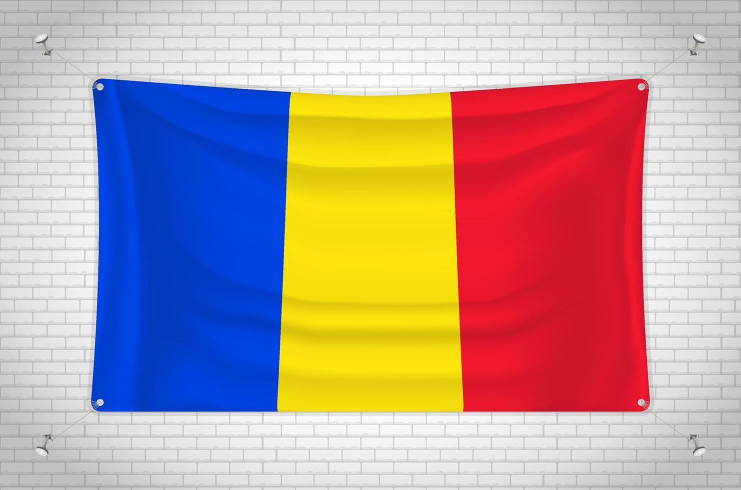 Romania flag hanging on brick wall. 3D drawing. Flag attached to the wall. Neatly drawing in groups on separate layers for easy editing. vector