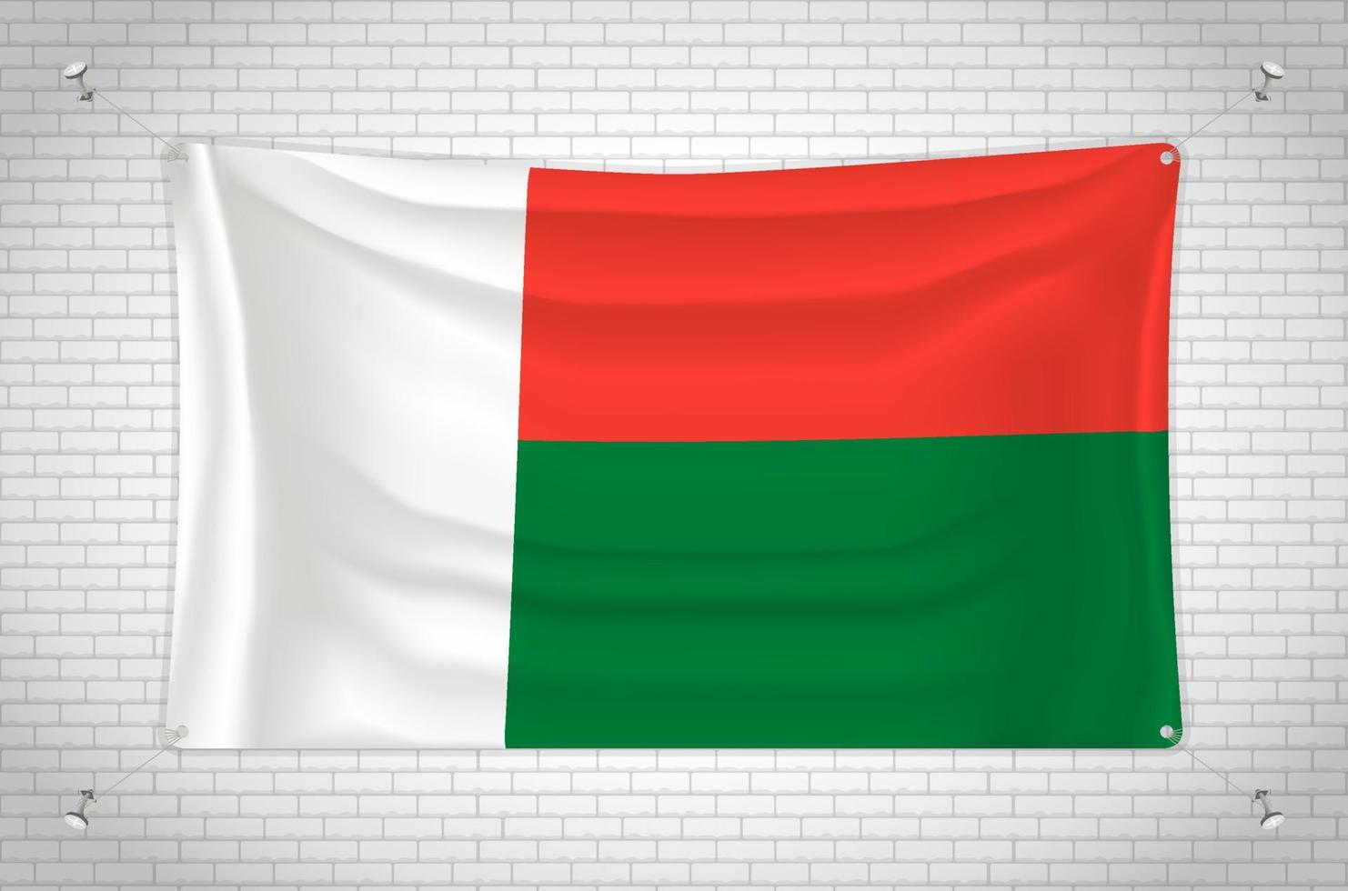 bandera de madagascar colgada en la pared de ladrillo. dibujo 3d bandera pegada a la pared. dibujar cuidadosamente en grupos en capas separadas para facilitar la edición. vector