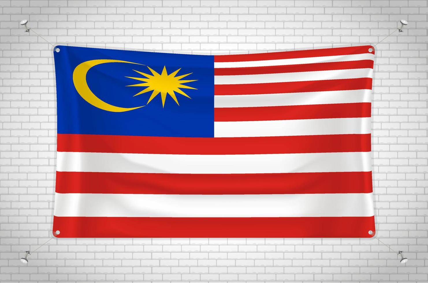 Malaysia flag hanging on brick wall. 3D drawing. Flag attached to the wall. Neatly drawing in groups on separate layers for easy editing. vector