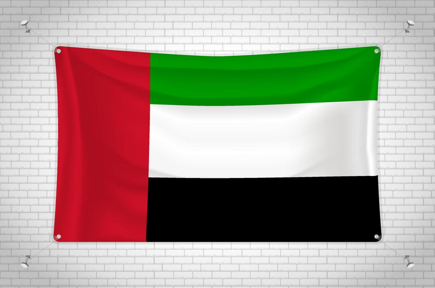 United Arab Emirates flag hanging on brick wall. 3D drawing. Flag attached to the wall. Neatly drawing in groups on separate layers for easy editing. vector
