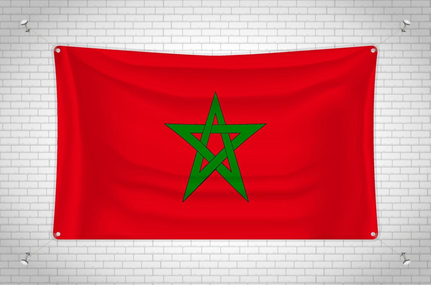 Morocco flag hanging on brick wall. 3D drawing. Flag attached to the wall. Neatly drawing in groups on separate layers for easy editing. vector