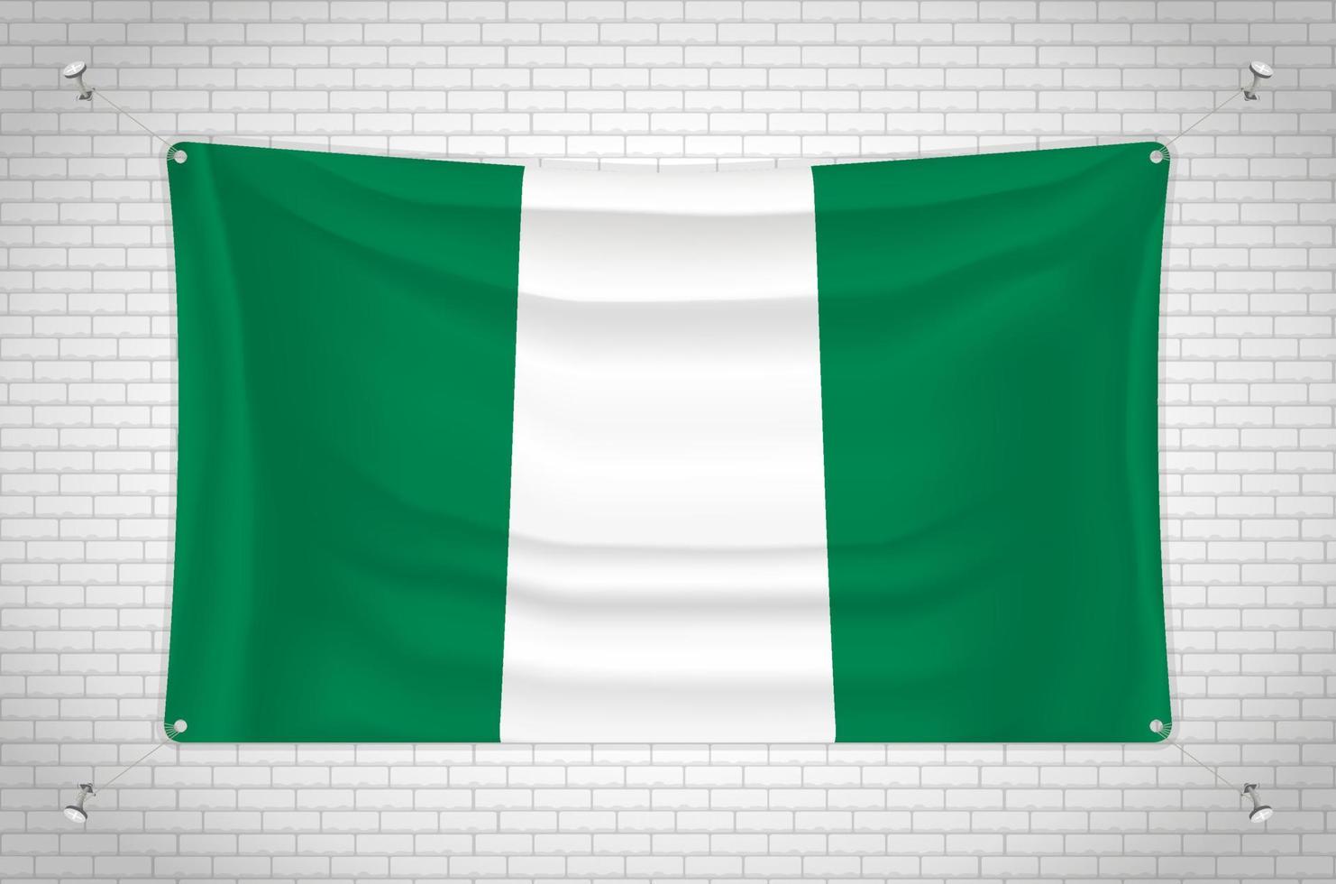 Nigeria flag hanging on brick wall. 3D drawing. Flag attached to the wall. Neatly drawing in groups on separate layers for easy editing. vector