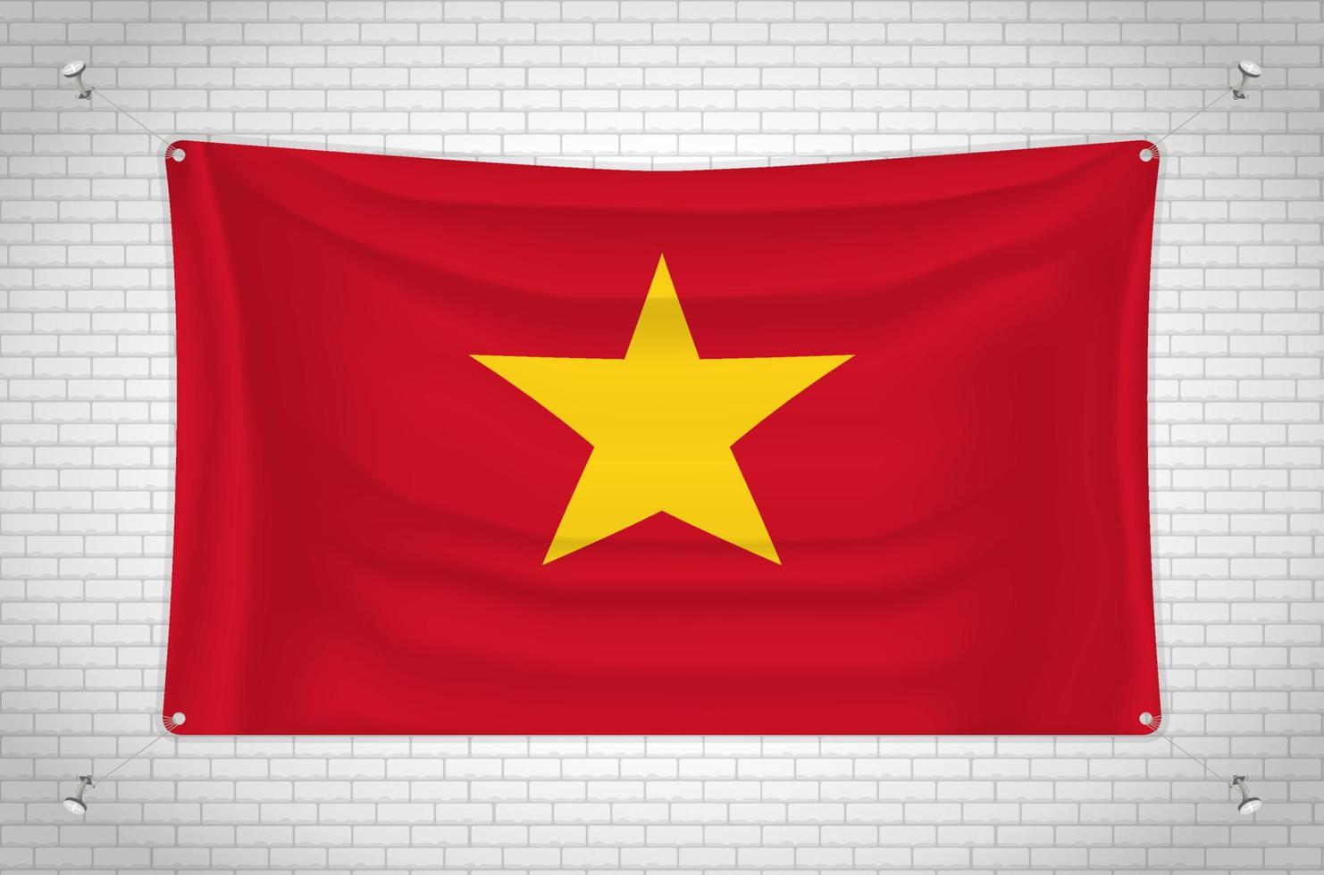 Vietnam flag hanging on brick wall. 3D drawing. Flag attached to the wall. Neatly drawing in groups on separate layers for easy editing. vector