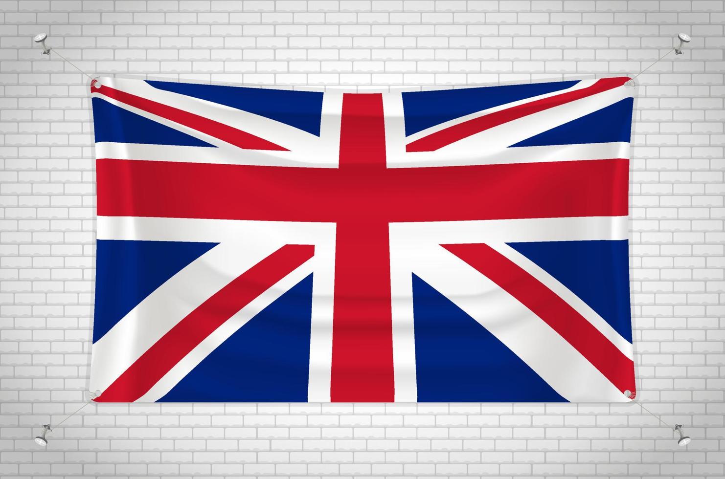 United Kingdom flag hanging on brick wall. 3D drawing. Flag attached to the wall. Neatly drawing in groups on separate layers for easy editing. vector