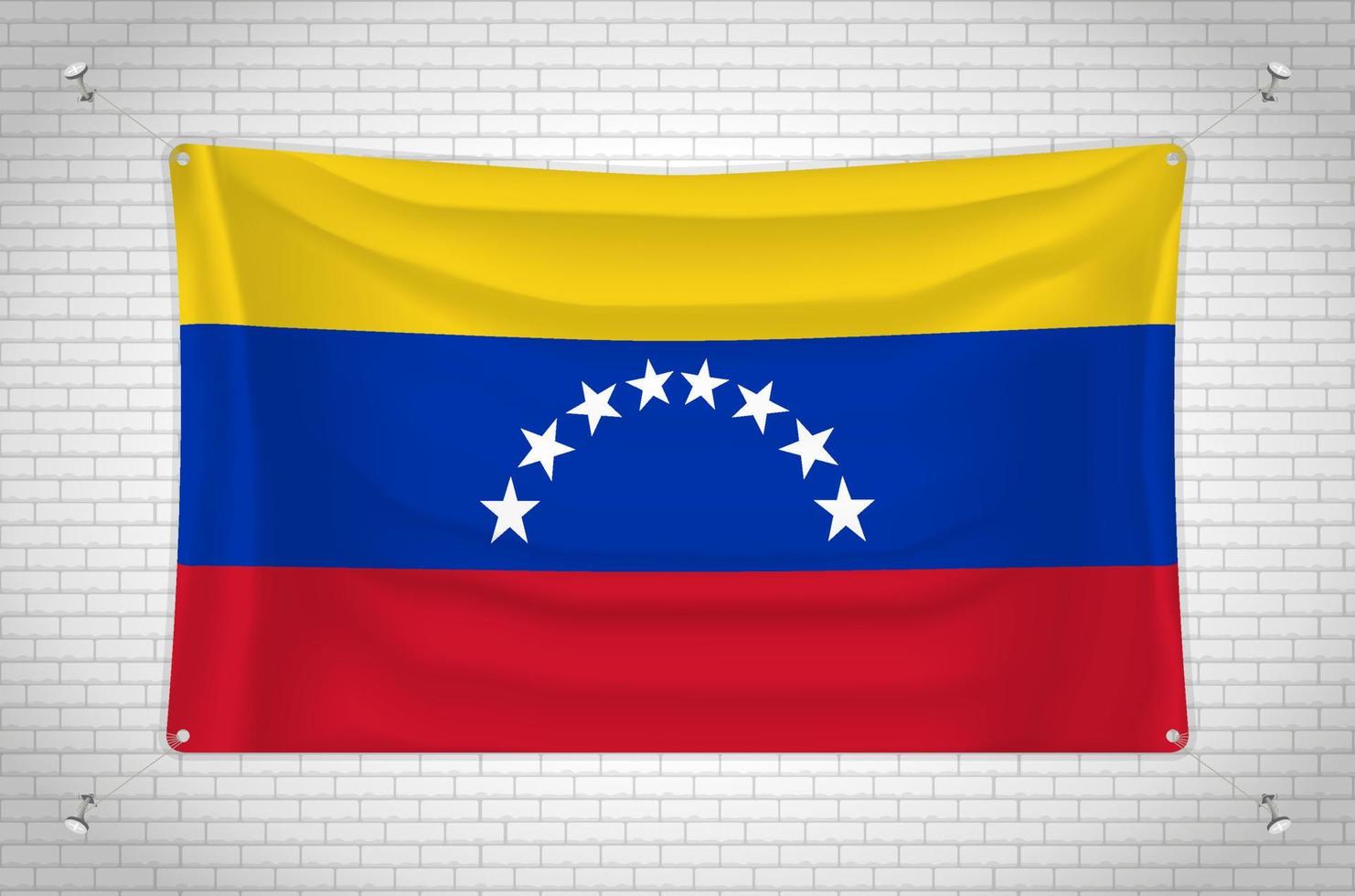 Venezuela flag hanging on brick wall. 3D drawing. Flag attached to the wall. Neatly drawing in groups on separate layers for easy editing. vector