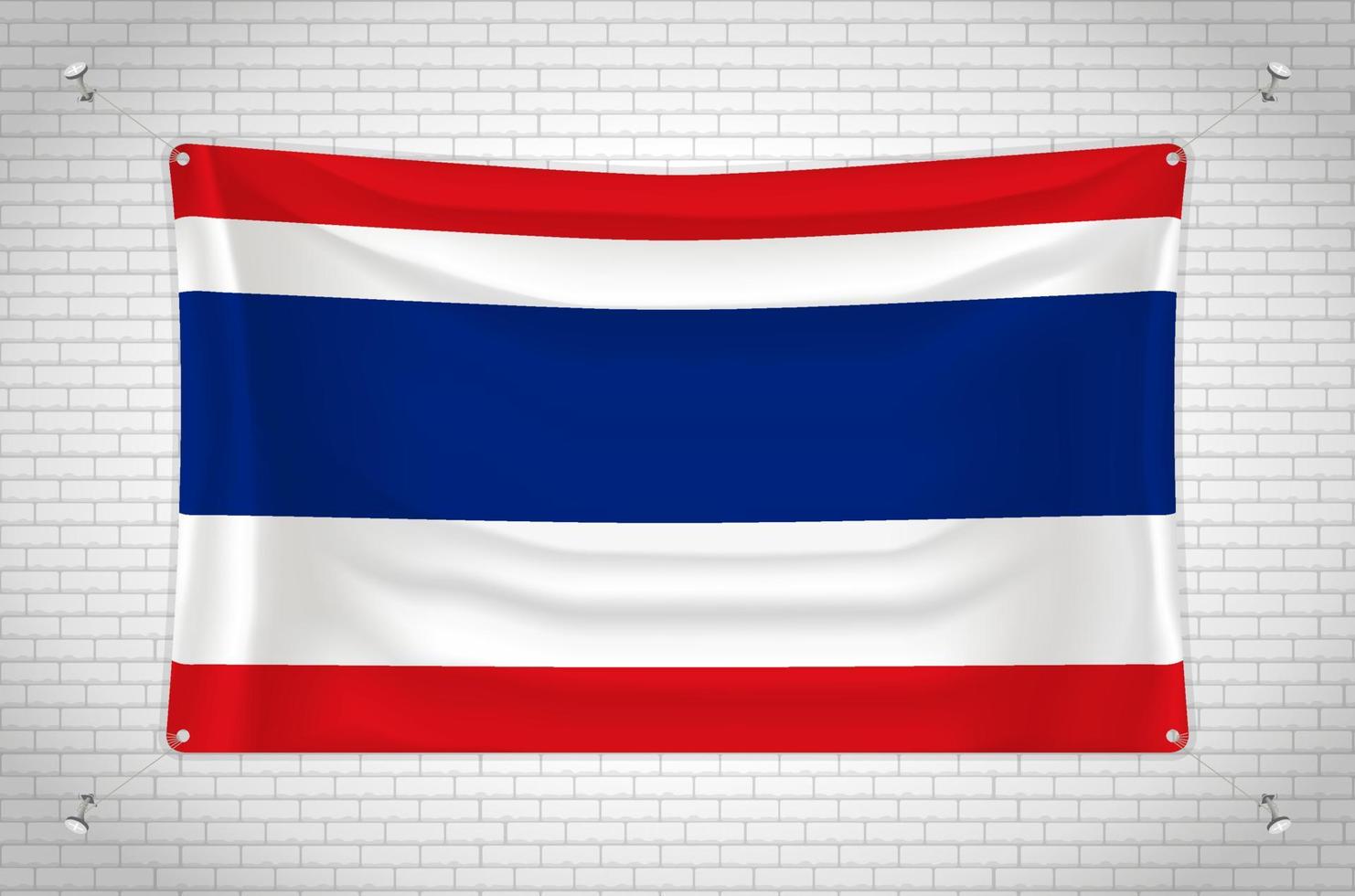 Thailand flag hanging on brick wall. 3D drawing. Flag attached to the wall. Neatly drawing in groups on separate layers for easy editing. vector