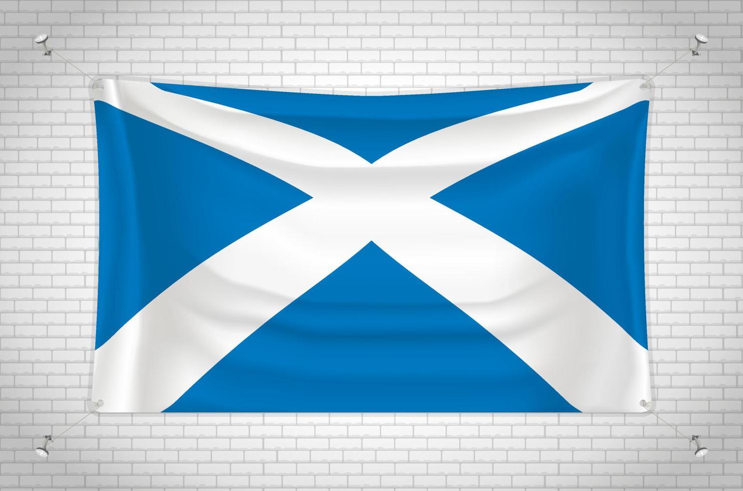 Scotland flag hanging on brick wall. 3D drawing. Flag attached to the wall. Neatly drawing in groups on separate layers for easy editing. vector