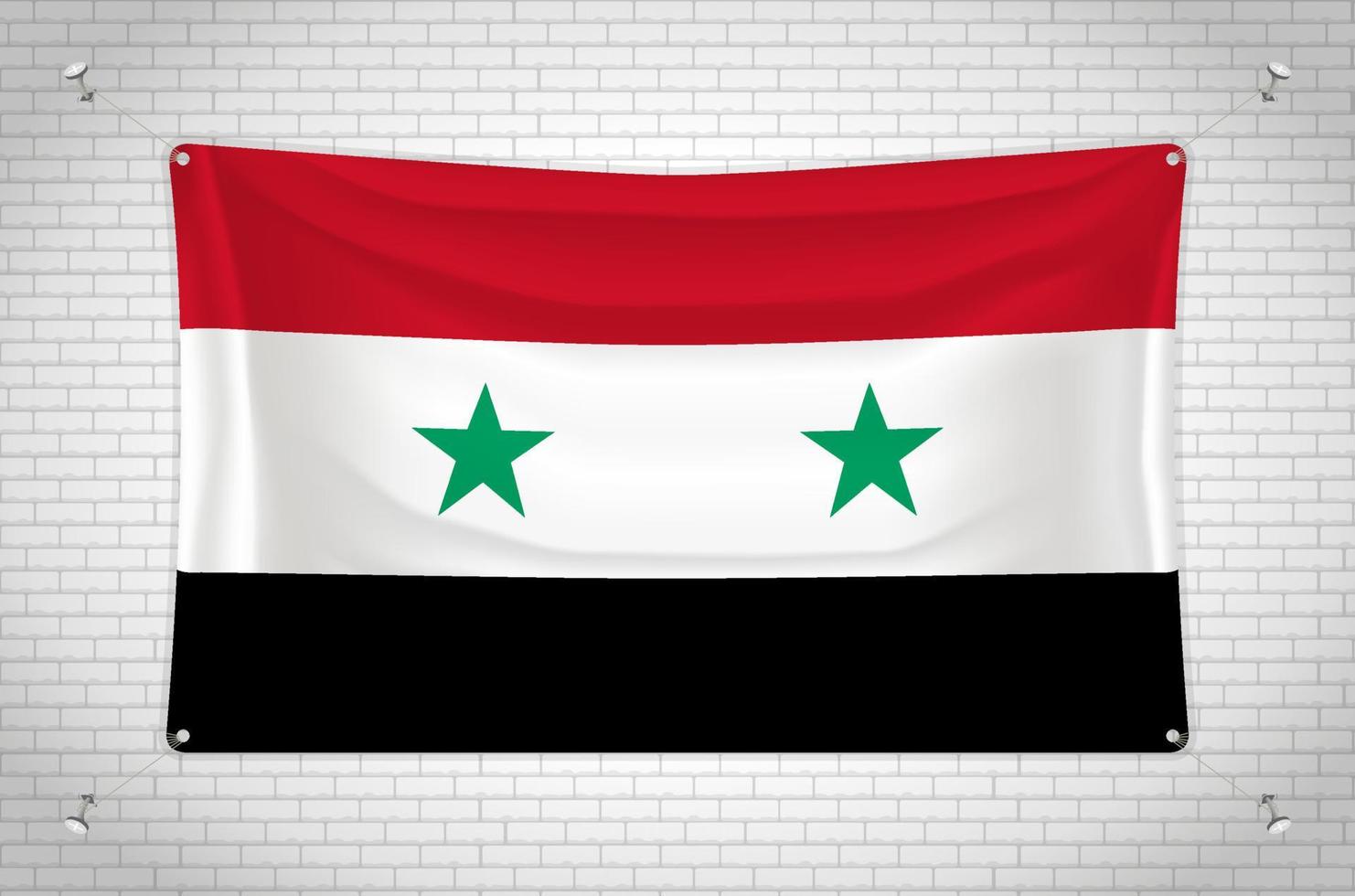 Syria flag hanging on brick wall. 3D drawing. Flag attached to the wall. Neatly drawing in groups on separate layers for easy editing. vector