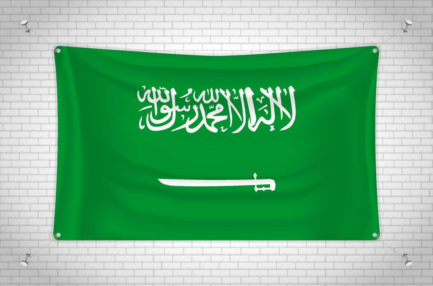 Saudi Arabia flag hanging on brick wall. 3D drawing. Flag attached to the wall. Neatly drawing in groups on separate layers for easy editing. vector