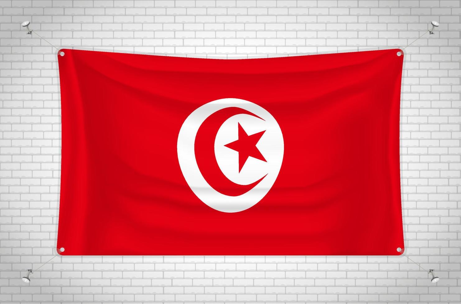 Tunisia flag hanging on brick wall. 3D drawing. Flag attached to the wall. Neatly drawing in groups on separate layers for easy editing. vector