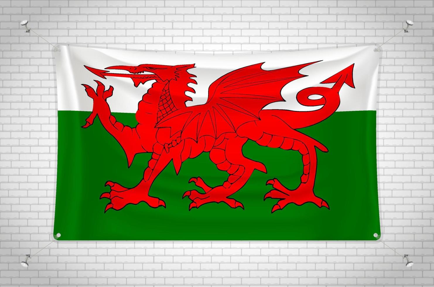 Wales flag hanging on brick wall. 3D drawing. Flag attached to the wall. Neatly drawing in groups on separate layers for easy editing. vector