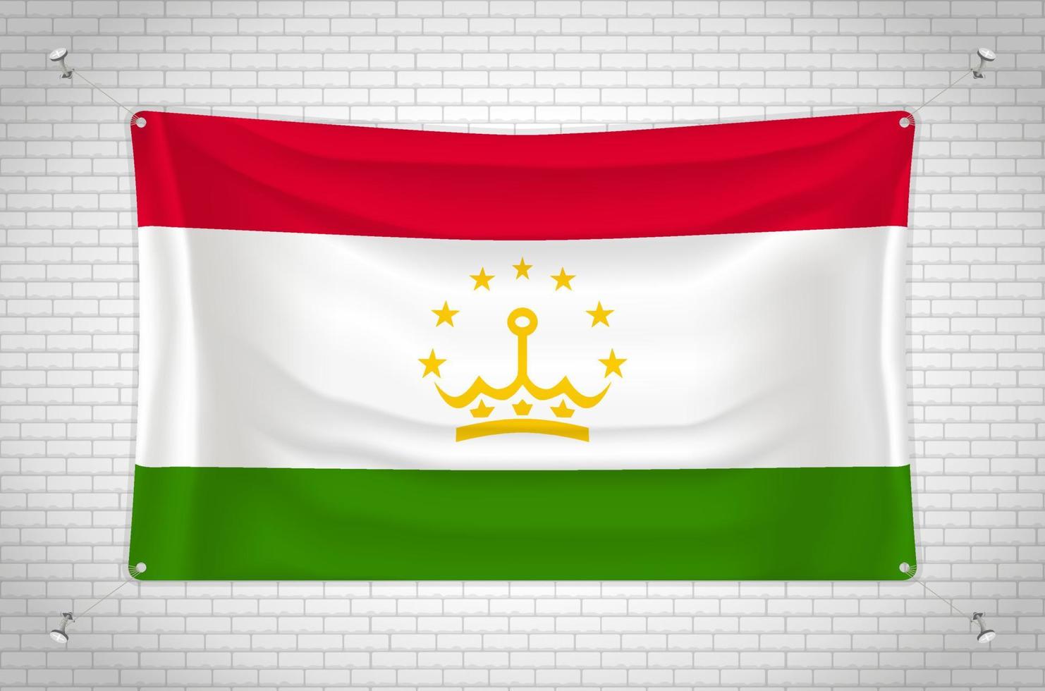 Tajikistan flag hanging on brick wall. 3D drawing. Flag attached to the wall. Neatly drawing in groups on separate layers for easy editing. vector