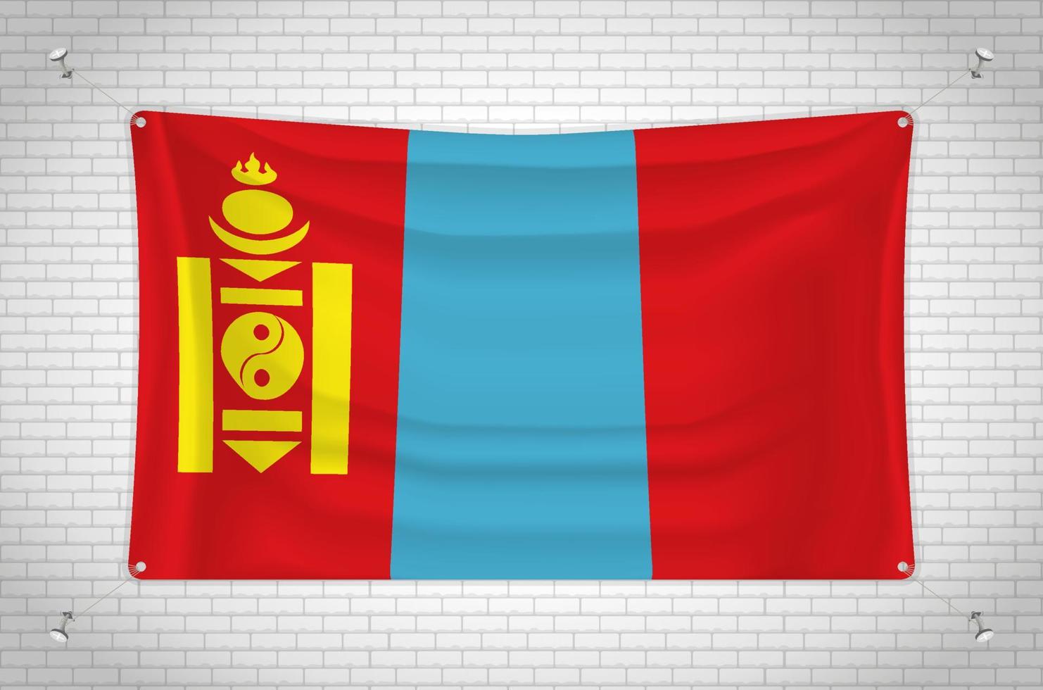 Mongolia flag hanging on brick wall. 3D drawing. Flag attached to the wall. Neatly drawing in groups on separate layers for easy editing. vector