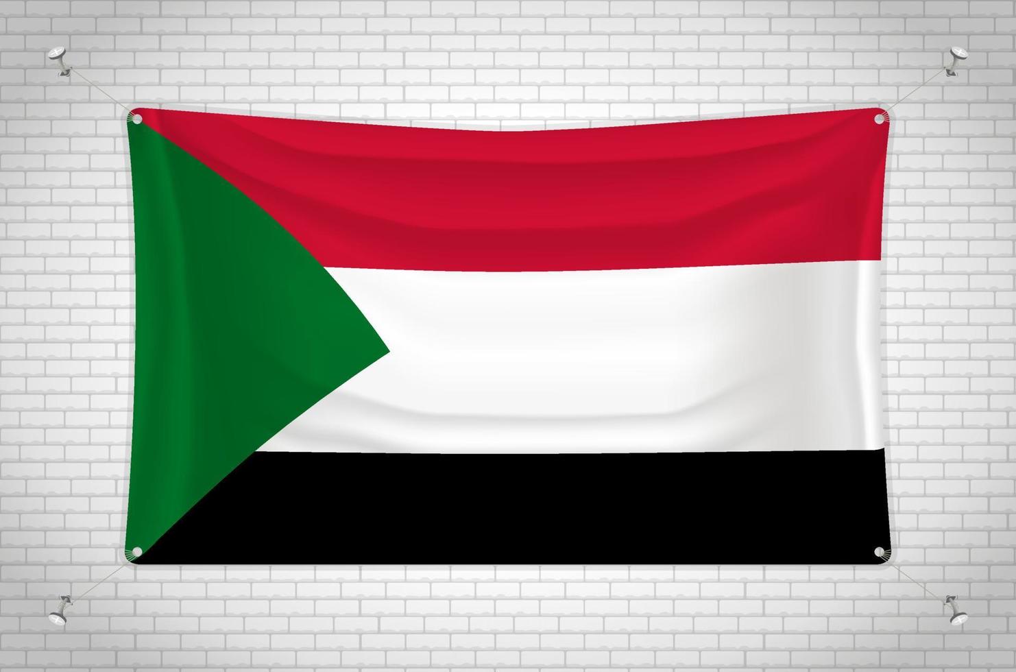 Sudan flag hanging on brick wall. 3D drawing. Flag attached to the wall. Neatly drawing in groups on separate layers for easy editing. vector