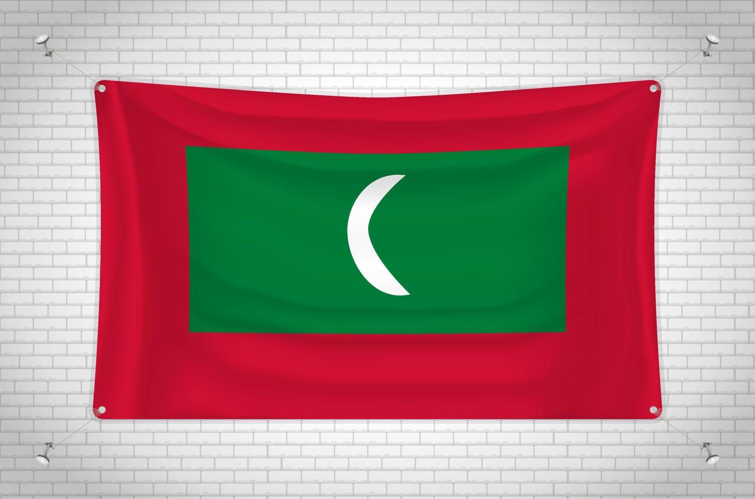Maldives flag hanging on brick wall. 3D drawing. Flag attached to the wall. Neatly drawing in groups on separate layers for easy editing. vector