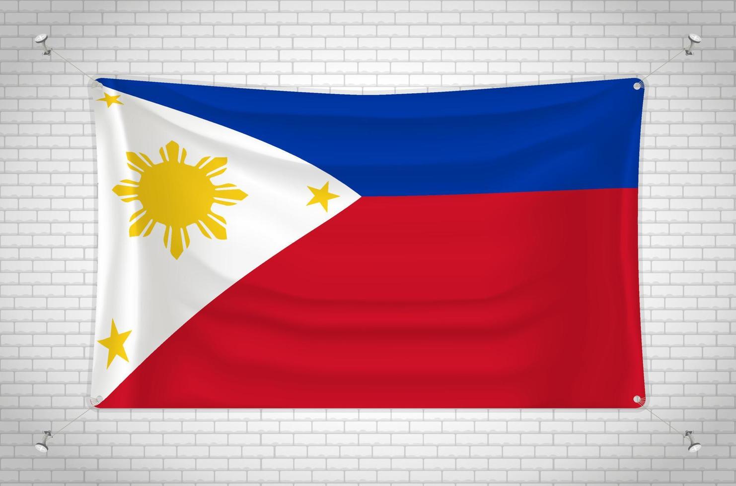 Philippines flag hanging on brick wall. 3D drawing. Flag attached to the wall. Neatly drawing in groups on separate layers for easy editing. vector